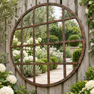 Damson Round Industrial Mirror 80cm hanging on a Garden Fence