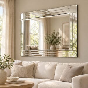 Ashwater Triple Bevel Edge Mirror Wall Mounted in the Living Room above a Sofa