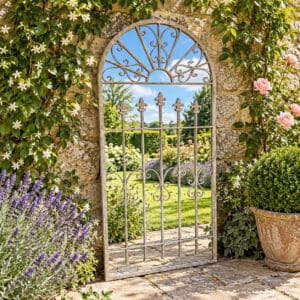 Camellia Elegant Metal Garden Mirror Leaning against a Garden Wall