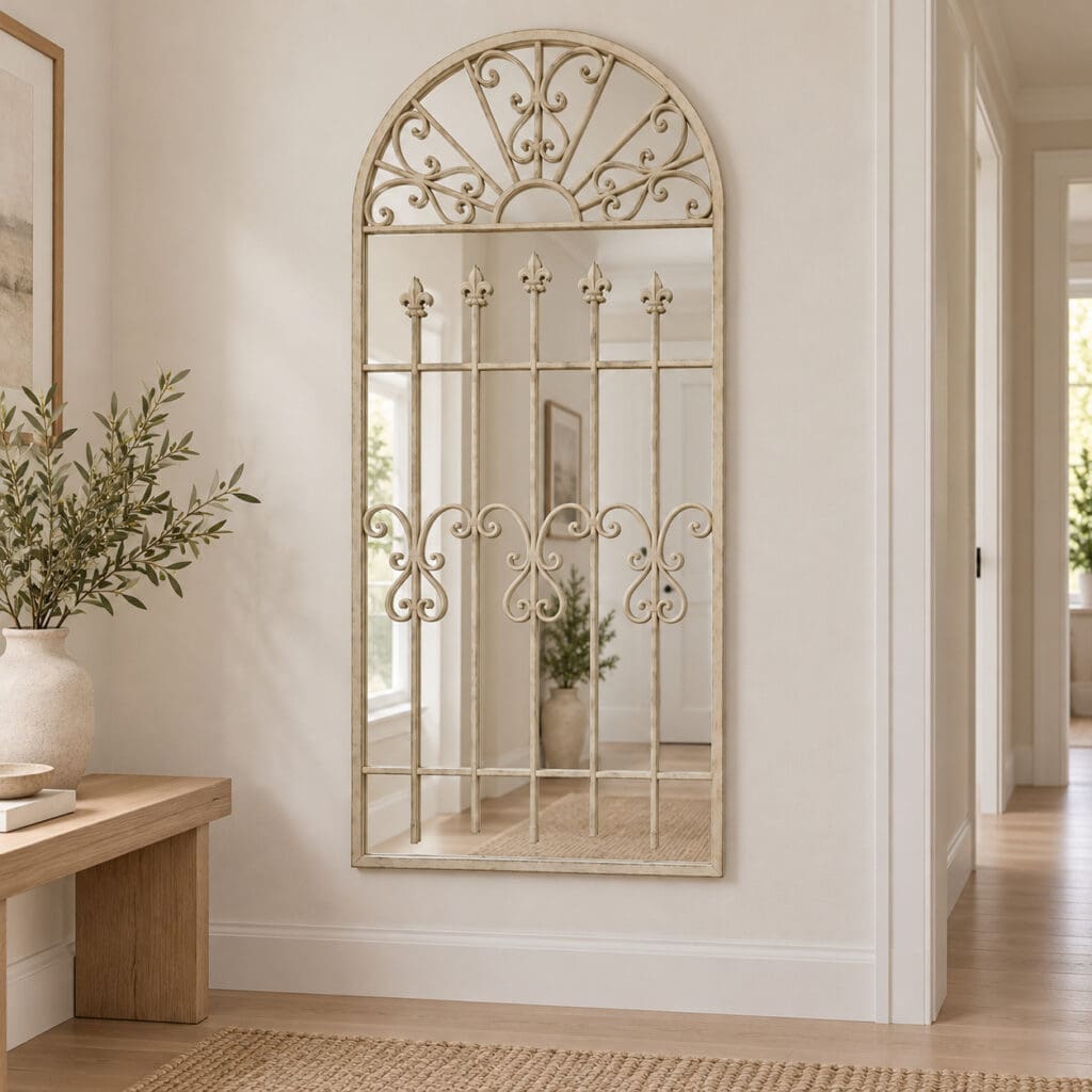 Camellia Elegant Metal Mirror Wall Mounted in the Hallway