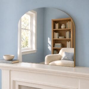 Denmark Plain Gold Mantle Mirror 69x91cm Positioned on the Mantle Piece in the Living Room