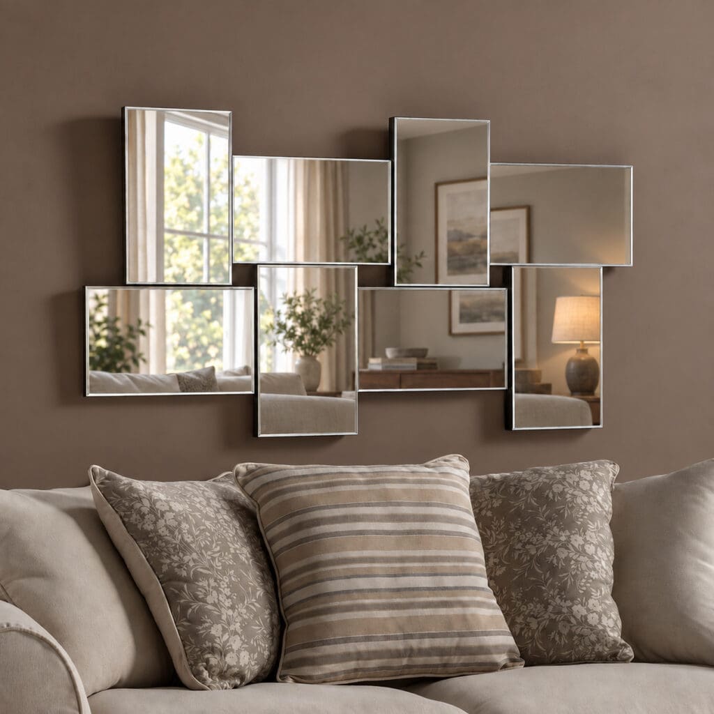 Hollywood Art Deco Mirror Wall Mounted in the Living Room above the Sofa
