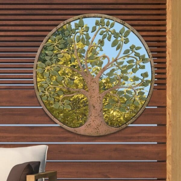 Round summer tree outdoor mirror measuring 80cm mounted on garden fence.
