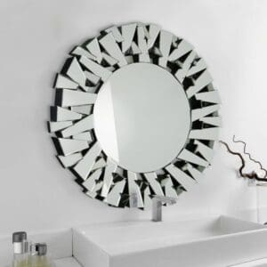 Round funky 3D glass mirror. Wall mounted in the bathroom. Multiple bevel edge pieces.