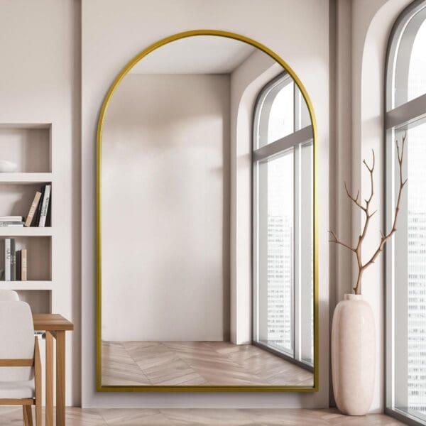 Maple Gold Indoor Outdoor Metal Arch Mirror. Wall mount or lean against the wall. Use as an indoor or outdoor mirror.