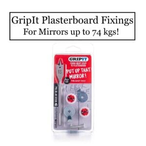 GripIt wall fixings for hanging heavy mirrors on a plasterboard wall. Suitable for mirrors weighing up to 74kgs. Pack includes GripIt fixings, mirror hooks, flat head drill bit and an undercutting tool.