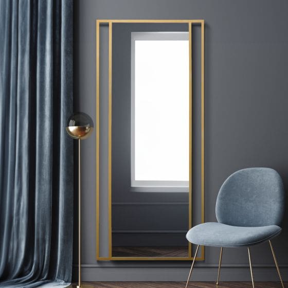 Highline Metal Gold Panel Mirror. Wall mounted in the hallway.