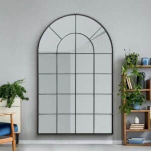 Eastgate Black Lattice Metal Window Mirror. Wall mounted in the living room.