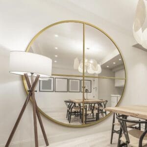 Maddox Extra Large Round Gold Mirror. Supersized round mirror wall mount in the dining room