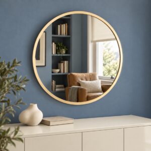 Manhattan Gold Framed Circle Mirror Wall Mounted in the Living Room above a Sideboard
