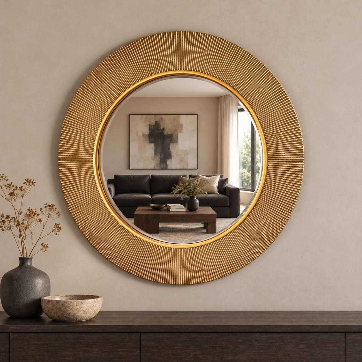 Paris Gold Leaf Round Mirror 90cm Wall Mounted in the Living Room